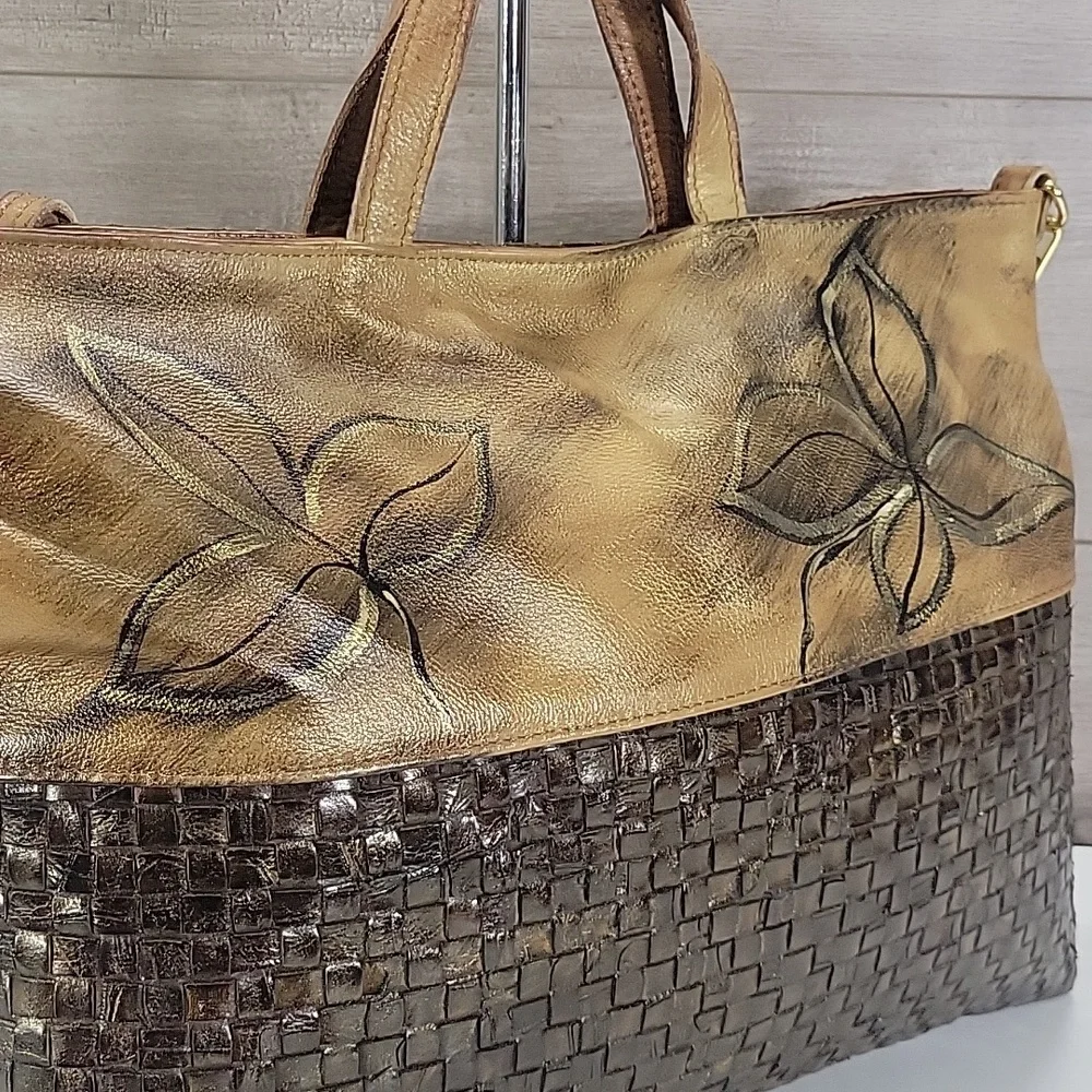 Large Civico 93 Floral Hand Painted Italian Leather Tote Bag - Gold and Brown